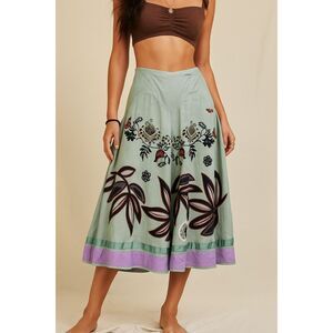 Oilily Floral Embroidery Full Midi Linen Skirt 38